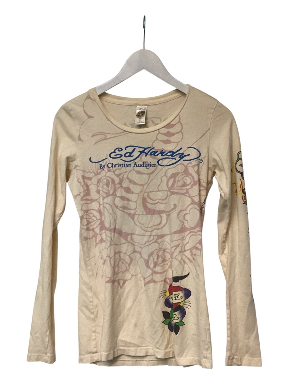 Ed Hardy Cream Long Sleeve Graphic Tee with Multicolor Accents